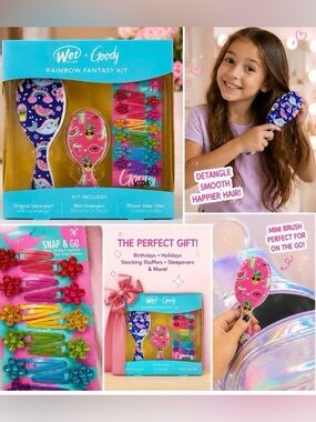 NWT Wet Brush Rainbow Fantasy Kit Kids Unicorn Brush & Hair Clips Gift Set